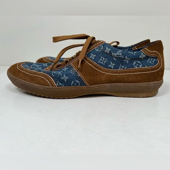 RARE LOUIS VUITTON MONOGRAM BLUE BROWN SNEAKERS SHOES - Picture 4 of 10